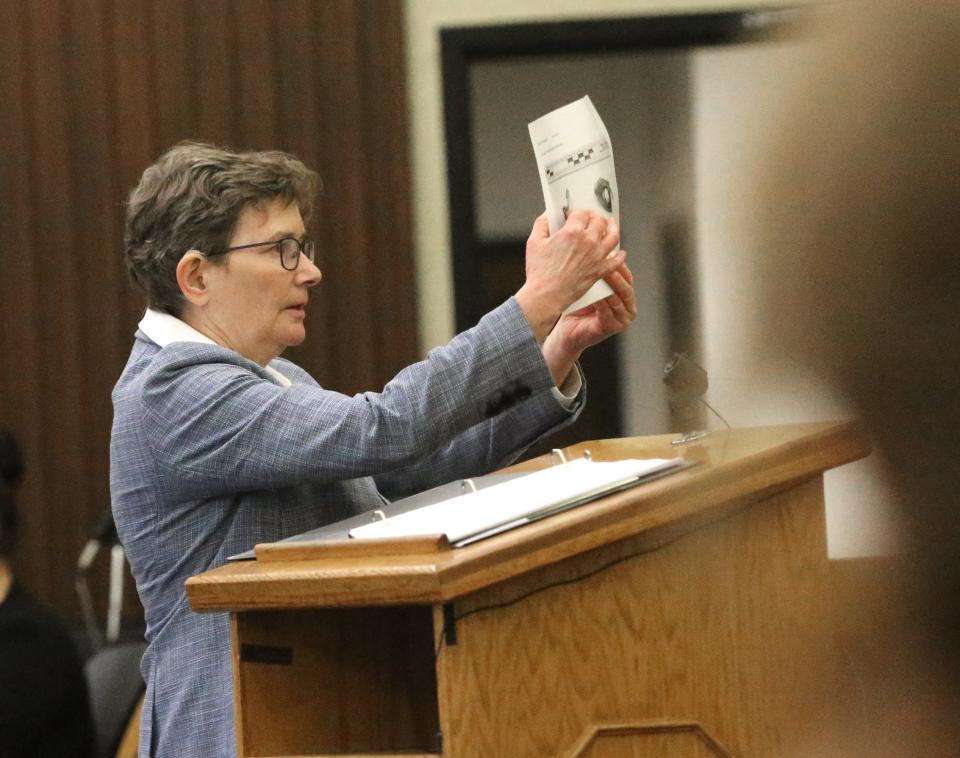 Defense attorney Julia Nye talks to the jury during her closing argument in the double murder trial of Timothy Verrill at Strafford County Superior Court in Dover Wednesday, April 3, 2024.