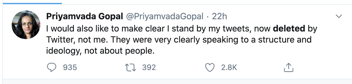 Dr Gopal says she stands by the tweet because it was about ideology, not people. (Twitter)