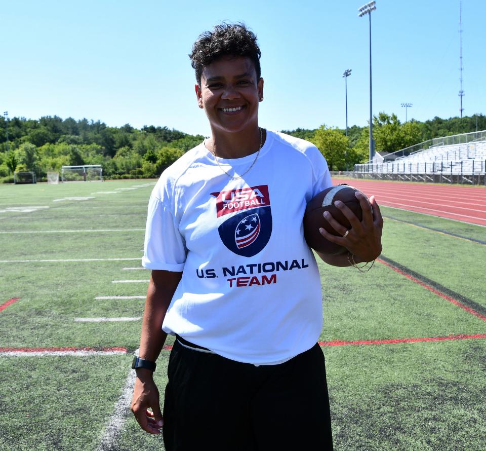 Brittany Bushman recently returned home to Portsmouth, seen here Tuesday, July 19, 2022, before heading to Ohio to train with the United States team. The national team is heading to Finland to play in the women’s tackle football world championships.