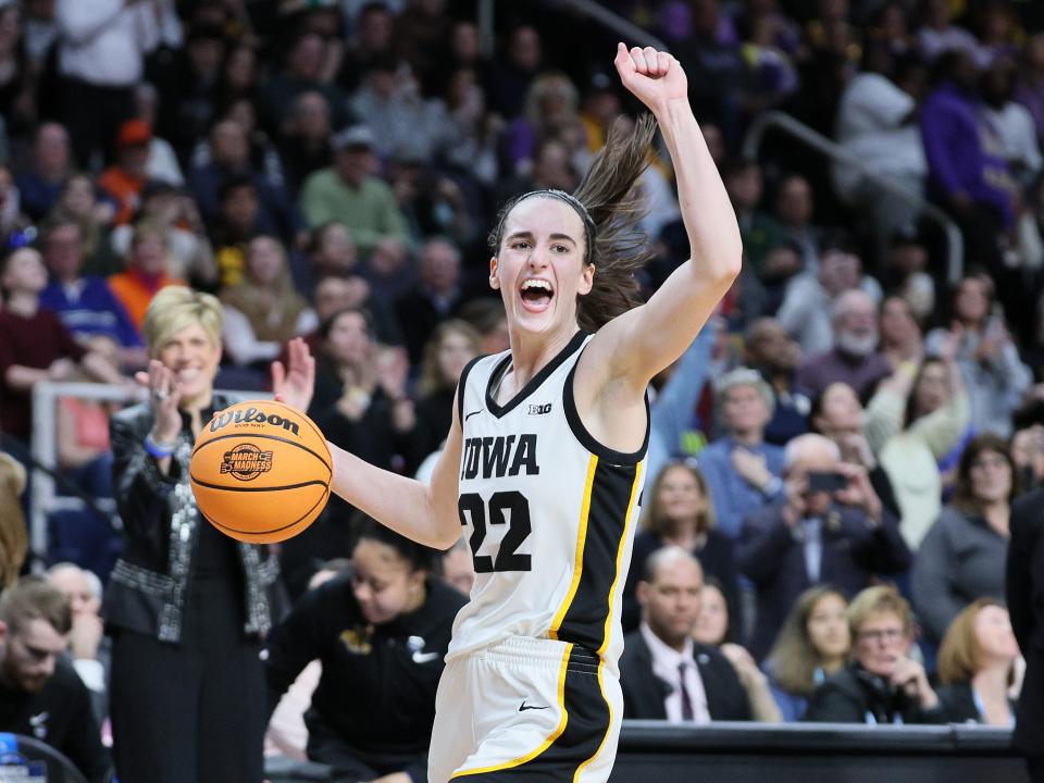 Caitlin Clark celebrates after a win against LSU in the 2024 NCAA Women's Basketball Tournament.