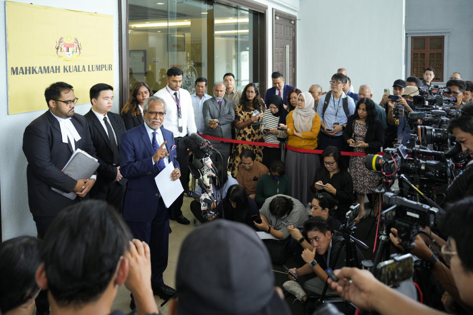 Shafee Abdullah, lawyer for former Prime Minister Najib Razak, speaks during a news conference on the Pardons Board's decision last week to commute Najib's 12-year jail sentence and fine at court house in Kuala Lumpur, Malaysia Wednesday, Feb. 7, 2024. Najib Razak is disappointed he wasn't given a full royal pardon of his 12-year prison sentence for graft, and may file a new appeal to the new monarch, his lawyer said Wednesday. (AP Photo/Vincent Thian)