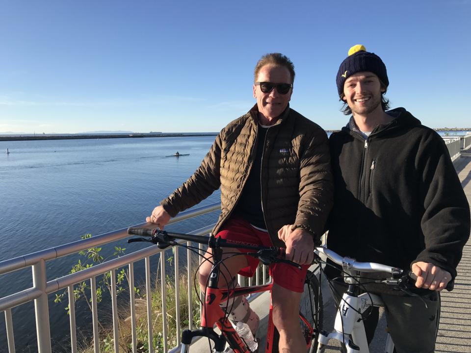 <p>Arnold Schwarzenegger and his eldest son, Patrick, started Christmas Day with a little exercise. “Early morning bike ride with the young man,” Patrick wrote. “Merry Christmas to y’all. God bless.”(Photo: <a rel="nofollow noopener" href="https://twitter.com/PSchwarzenegger/status/813072747668480000" target="_blank" data-ylk="slk:Twitter;elm:context_link;itc:0" class="link ">Twitter</a>) </p>