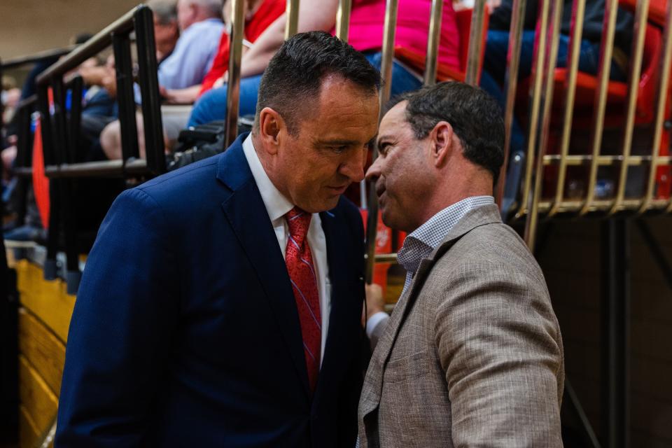 Utah Congressional 2nd District candidate Greg Hughes speaks to House Speaker Brad Wilson, R-Kaysville, during the Utah Republican Party’s special election at Delta High School in Delta on June 24, 2023. | Ryan Sun, Deseret News