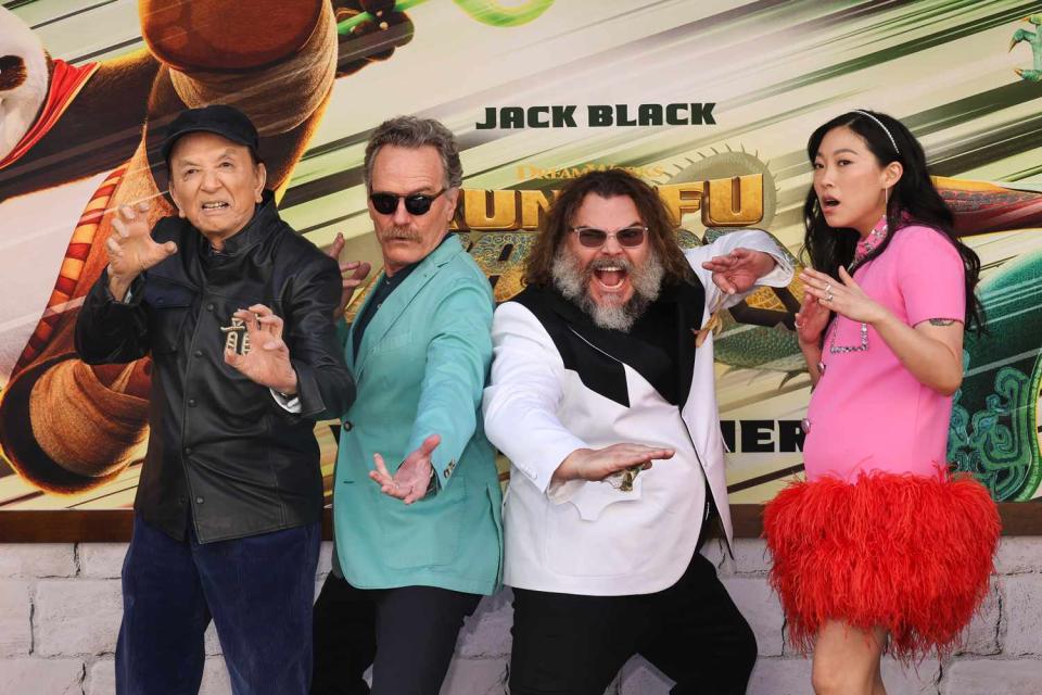 <p>Amy Sussman/Getty </p> James Hong, Bryan Cranston, Jack Black and Awkwafina at the Kung Fu Panda 4 premiere