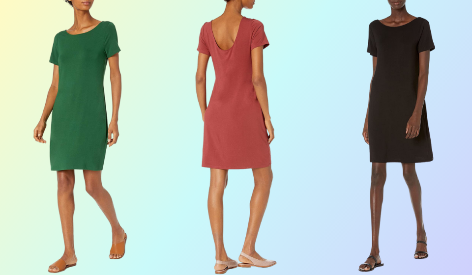 three models wearing the t-shirt dress in different colors