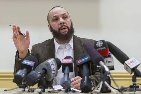 Adil Charkaoui answers a question during a press conference at the Centre St-Pierre in Montreal, Quebec, February 27, 2015. REUTERS/Dario Ayala