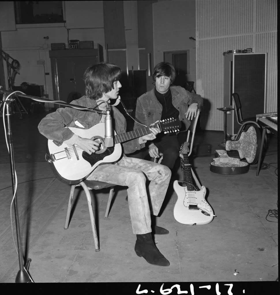 George Harrison used the 12-string to play the rhythm guitar part on “Norwegian Wood” <br>and it appears on another “Rubber Soul” track, “Girl.” Beatles Book Photo Library