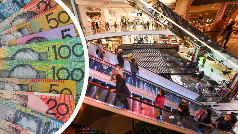 Australian currency and sydneysiders at a Westfield enjoying eased covid-19 restrictions.