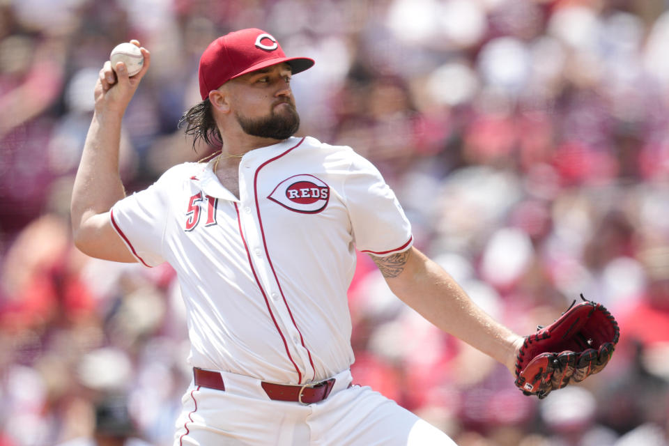 Cincinnati Reds pitcher Graham Ashcraft throws in the first inning of a baseball game against the Detroit Tigers in Cincinnati, Sunday, July 7, 2024. (AP Photo/Jeff Dean)