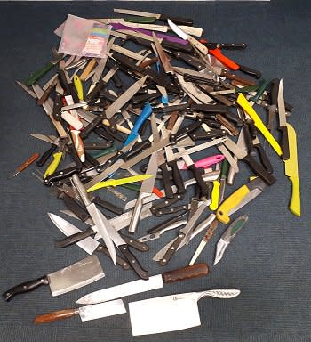 Meat cleavers, kitchen knives and flick blades were handed in to Suffolk police.