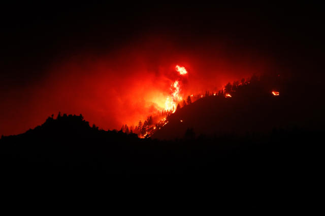 BECKWOURTH, UNITED STATES - 2021/07/09: Trees burning as the Beckwourth Complex fire approaches hwy 395.
The Beckwourth Complex fire continues to burn through the night. (Photo by Ty ONeil/SOPA Images/LightRocket via Getty Images)