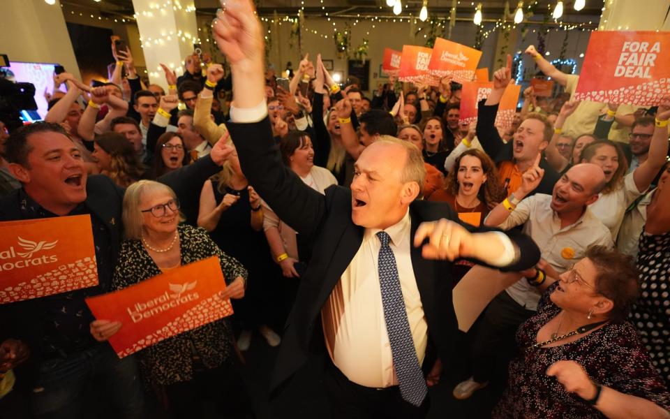 Sir Ed Davey celebrates the Lib Dems' election results at an event in central London