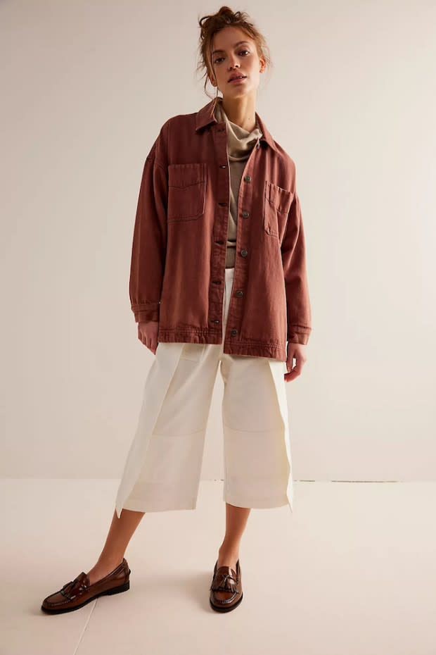 <p>Free People</p><p>If you feel the most comfortable in oversized, lighter jackets, we found your new everyday outerwear. This Free People denim jacket is meant to be layered as the season progresses, and it has multiple pockets, a collared neckline, and cuffed sleeves for a laid-back work-shirt look . It’s available in five colorways, but the Chocolate Lava or Tidal Foam gives an extra dose of fall vibes.</p>