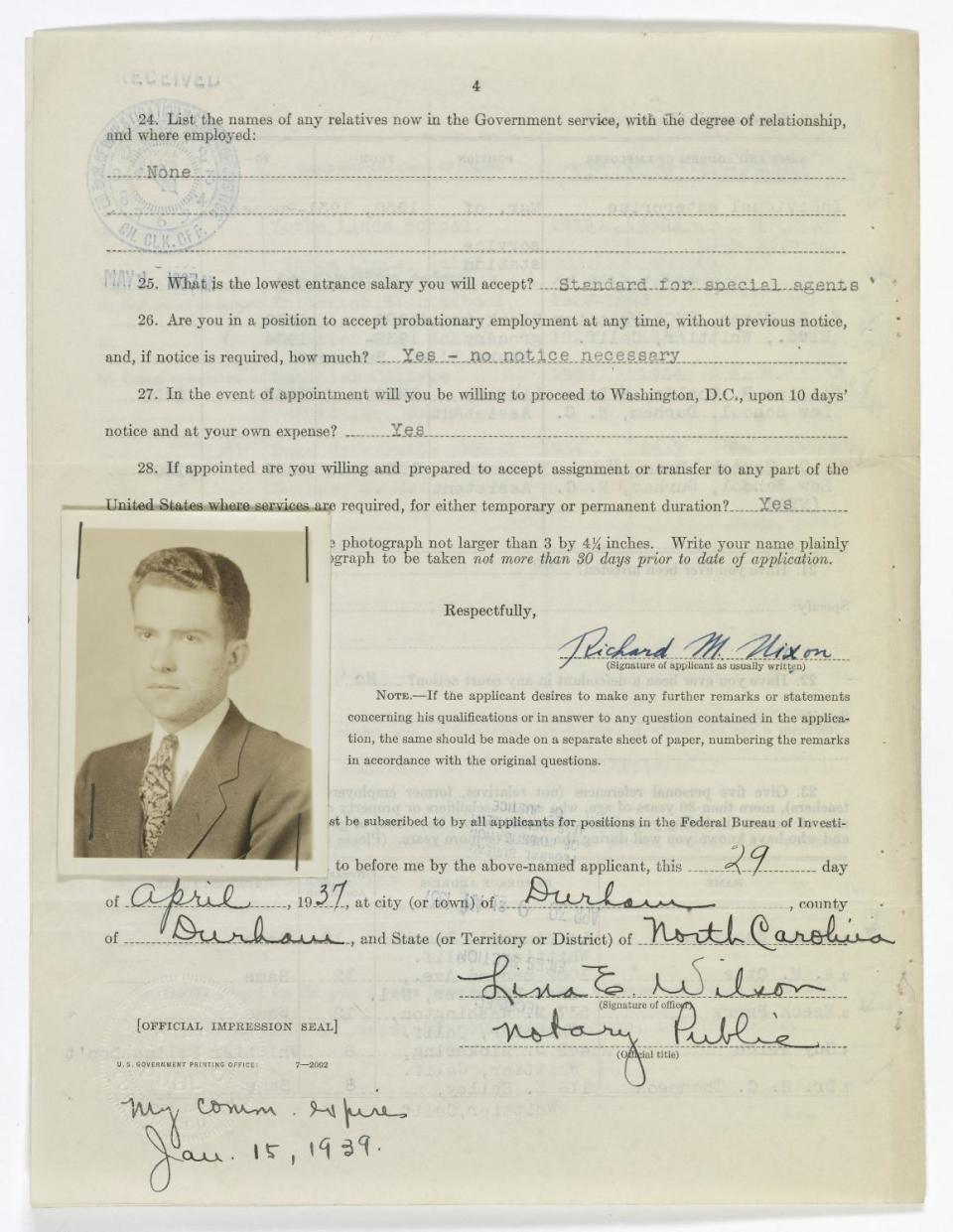 This undated handout image provided by the National Archives shows Richard Nixon’s application to be an FBI Special Agent, April 29, 1937 Upon graduating from Duke Law School in 1937, Nixon submitted this application to be a special agent in the FBI. He never heard back after his interview. Assuming he didn’t get the job, he returned home to California, passed the bar, and began practicing law. Many years later Nixon learned from FBI Director J. Edgar Hoover that he had been accepted, but his appointment was held back due to budget cuts. National Archives, Records of the Federal Bureau of Investigation. Curators at the National Archives have culled their collection in search of some of the great signatures of history. A special exhibit opening Friday includes the personal marks of figures that include Thomas Jefferson, Frank Sinatra, Jackie Robinson, Adolf Hitler and Saddam Hussein, along with important documents from history. Curators looked at the power of the pen in politics, war, entertainment and sports for the wide-ranging exhibit, "Making their Mark." (AP Photo/National Archives)