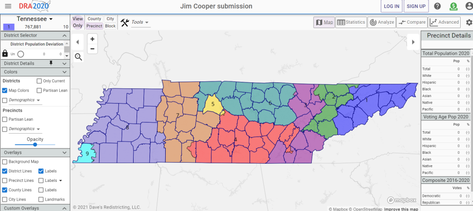 Above is the congressional redistricting proposal submitted by U.S. Rep. Jim Cooper, D-Nashville. His map would keep Davidson County, which he has represented since 2003, intact.