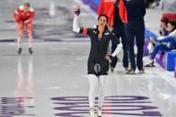 <p>USA’s Brittany Bowe gestures after competing in the women’s 1,500m speed skating event during the Pyeongchang 2018 Winter Olympic Games at the Gangneung Oval in Gangneung on February 12, 2018. / AFP PHOTO / Mladen ANTONOV </p>