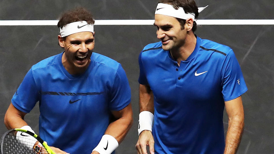 Rafa Nadal and Roger Federer, pictured here playing doubles at the Laver Cup in 2017.