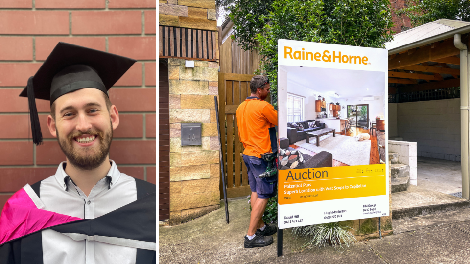 A composite image of James Milburn wearing his graduate cap and gown and a sign indicating a property is for sale to represent how James' borrowing power has been reduced due to the HECS debt rise.