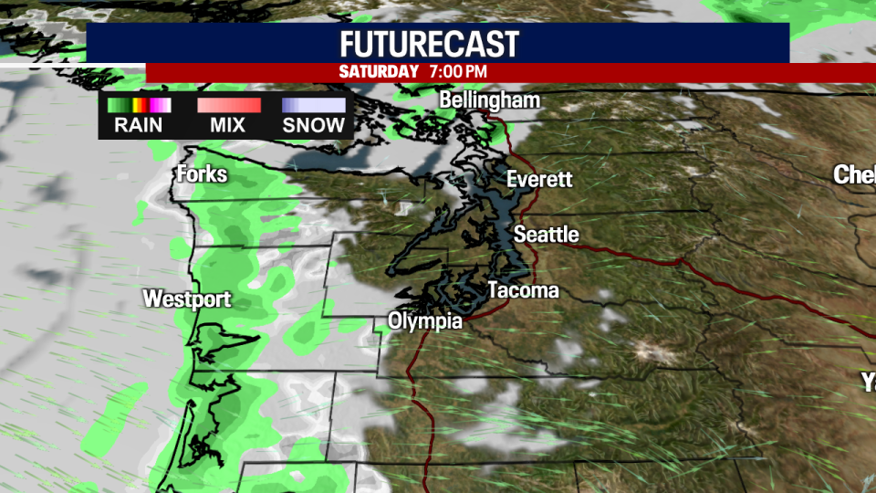 <div>Clouds and sprinkles will return to the coast Saturday afternoon and evening.</div> <strong>(FOX 13 Seattle)</strong>