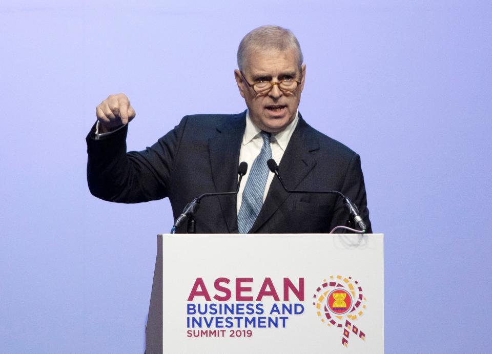 Prince Andrew delivers a speech in ASEAN Business and Investment Summit in Nonthaburi, Thailand, Nov. 3, 2019.