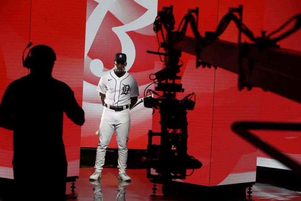 A crew from Bally Sports shoots a promo of Detroit Tigers outfielder Akil Baddoo during spring training on Tuesday, February 21, 2023.