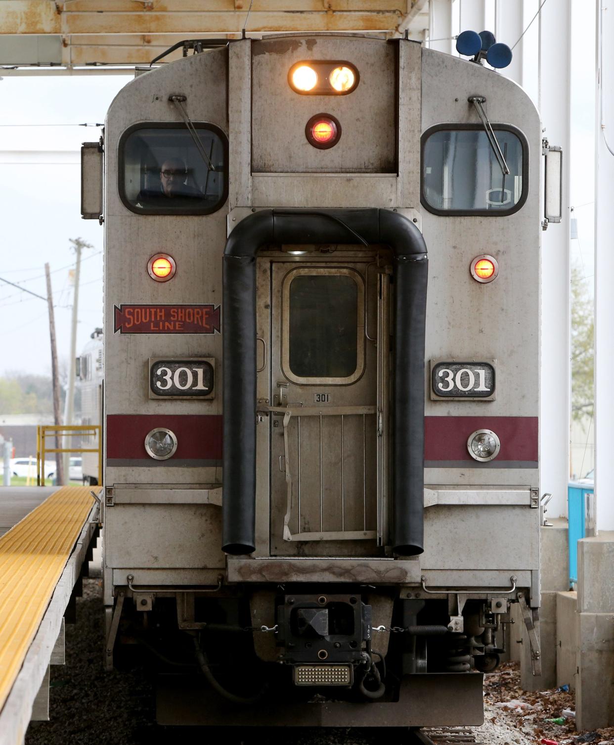 The weekday South Shore train arrives Tuesday, April 25, 2023, at the South Bend International Airport terminal in South Bend. 