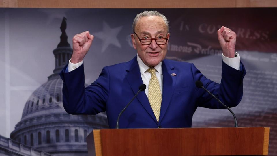 Chuck Schumer, both arms raised at podium