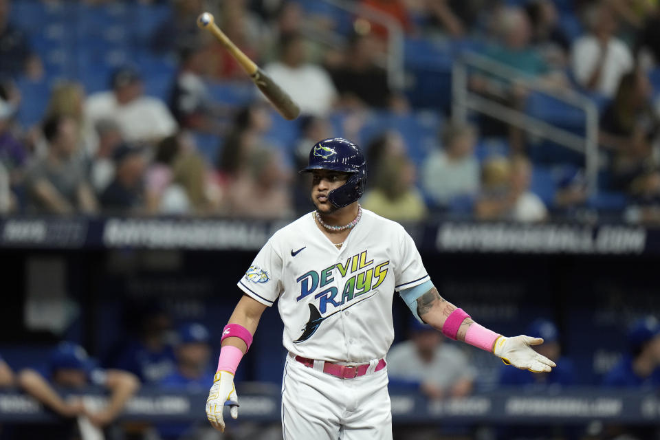 Tampa Bay Rays' Jose Siri flips his bat after hitting a three-run home run off Kansas City Royals starting pitcher Zack Greinke during the second inning of a baseball game Friday, June 23, 2023, in St. Petersburg, Fla. (AP Photo/Chris O'Meara)