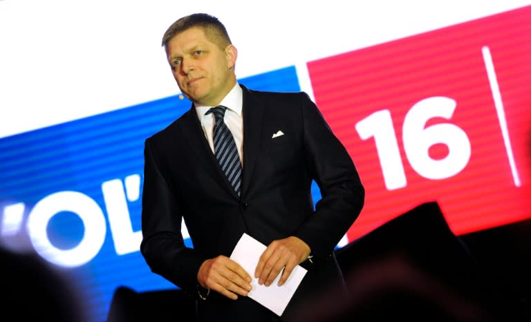 Chairman of the Slovak Smer-Social Democracy party Robert Fico addresses supporters during an election rally on March 2, 2016 in Bratislava