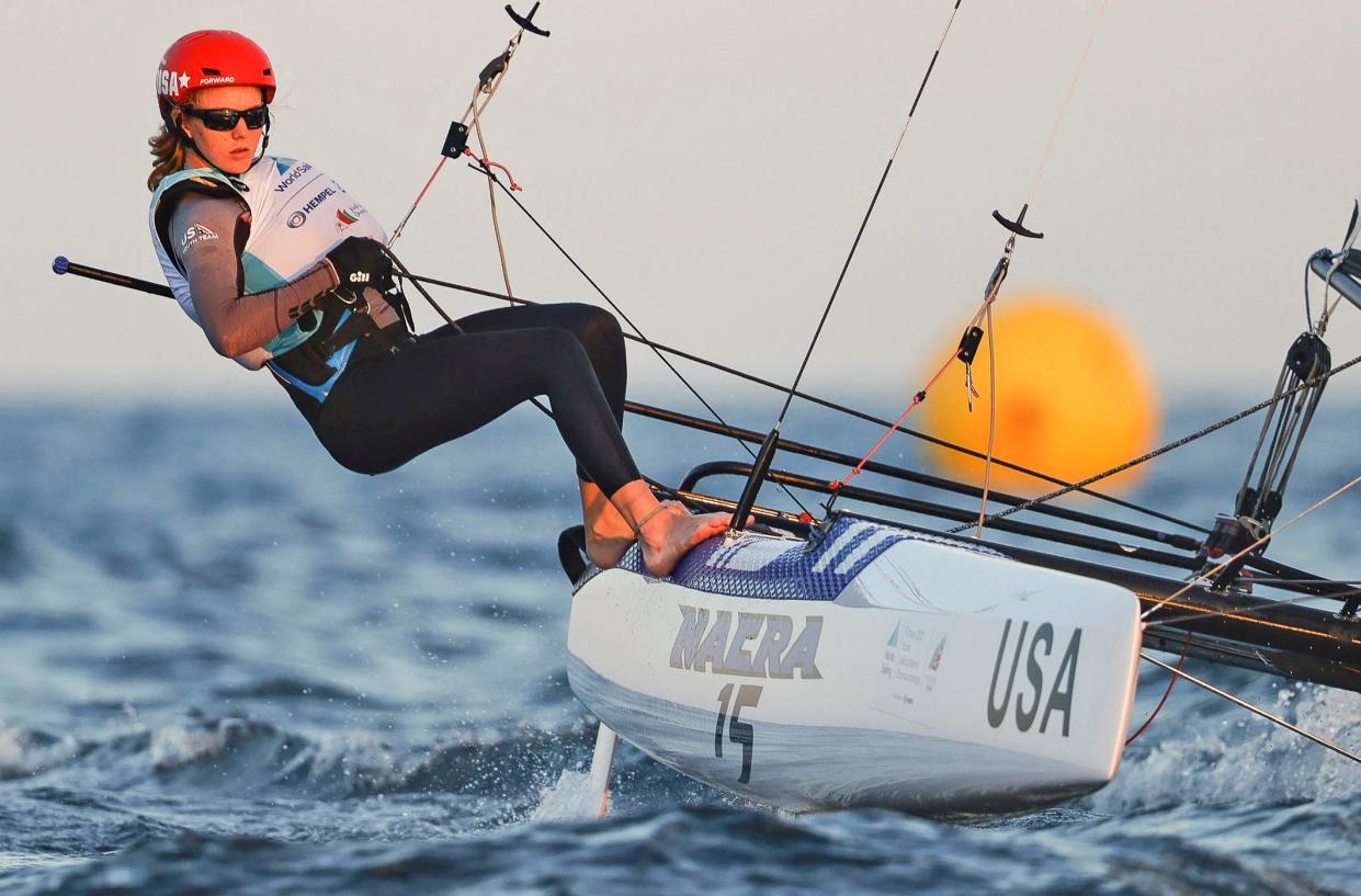 Kay Brunsvold of Sarasota skippers a Nacra 15 at the 2021 Youth Sailing World Championships in Oman. Brunsvold was named 2023 Young Woman Sailor of the Year by the Florida Women’s Sailing Association.