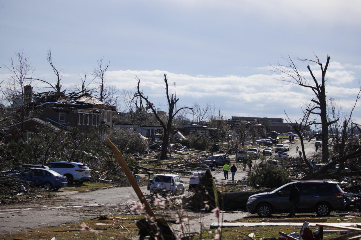A dozen-or-so people walk along a road between severely damaged housed, strewn debris and trees stripped of limbs and leaves beneath a blue sky.