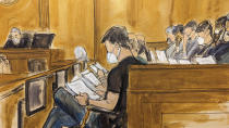 In this courtroom sketch, Judge Vernon Broderick, far left, reads instructions to the anonymous Sayfullo Saipov jury in federal court in New York on Wednesday, Jan. 25, 2023. (AP Photo/Elizabeth Williams)