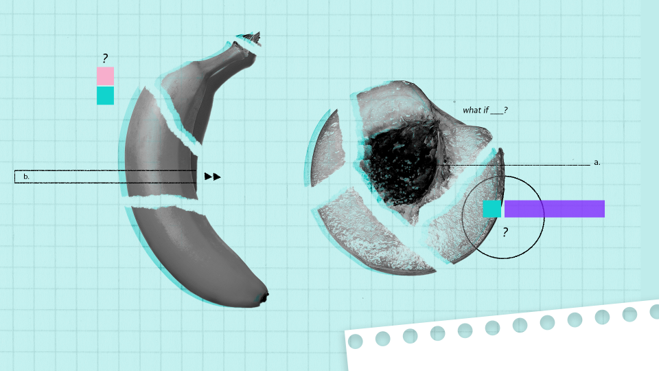 A collage of a banana and halved peach as a metaphor for the topic of: What are teens learning about sex ed? It all depends where they live. 