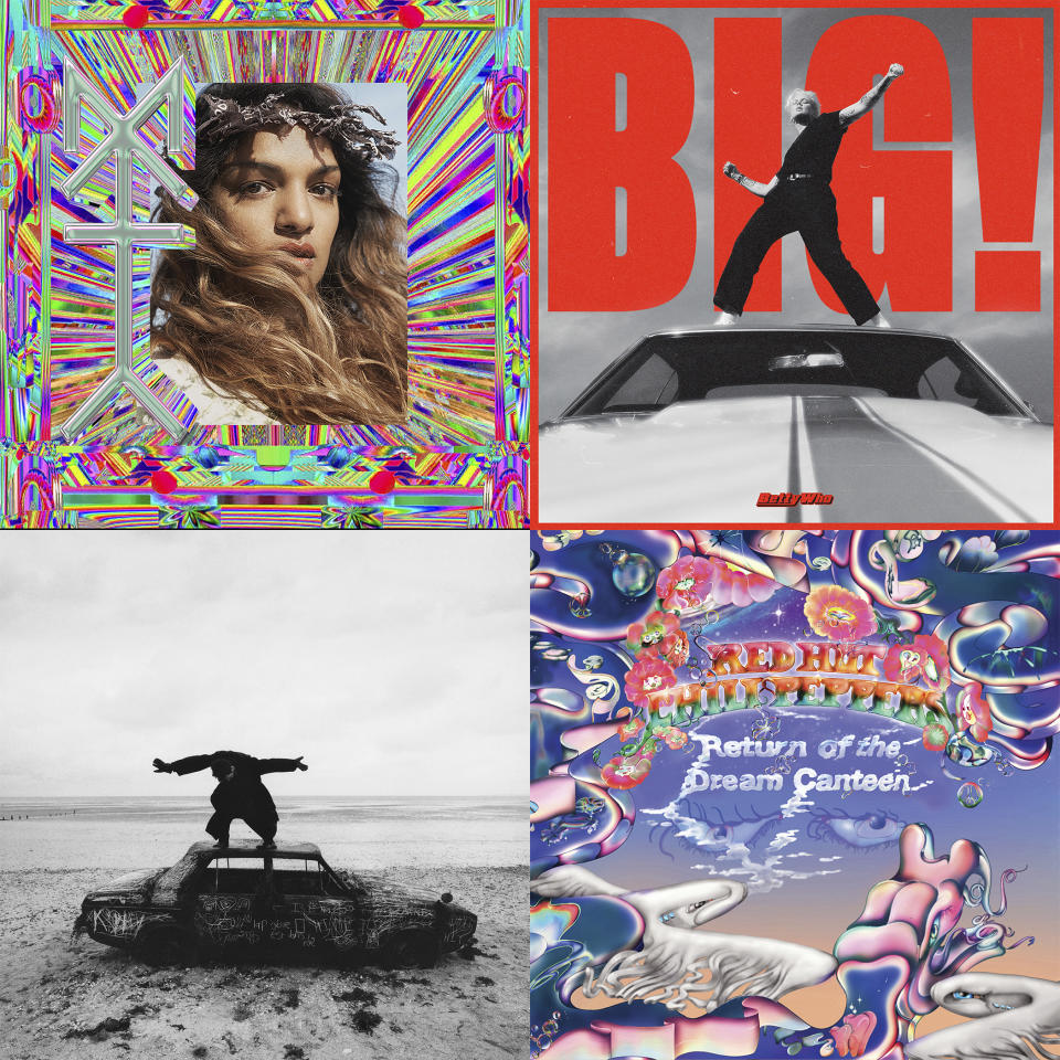 This combination of cover art shows, clockwise from top left, “Meta.”by M.I.A., the 14-track “BIG!” by dance diva Betty Who, “Return of the Dream Canteen," by Red Hot Chili Peppers and “Being Funny In a Foreign Language,” by The 1975. (Island Records/BMG/Warner Records/Dirty Hit-Interscope via AP)