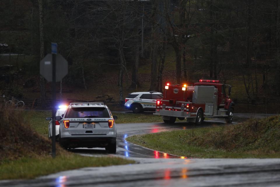Emergency crews respond to a helicopter crash in Sevier County near the Cocke County line on Wednesday, Dec. 29, 2021.