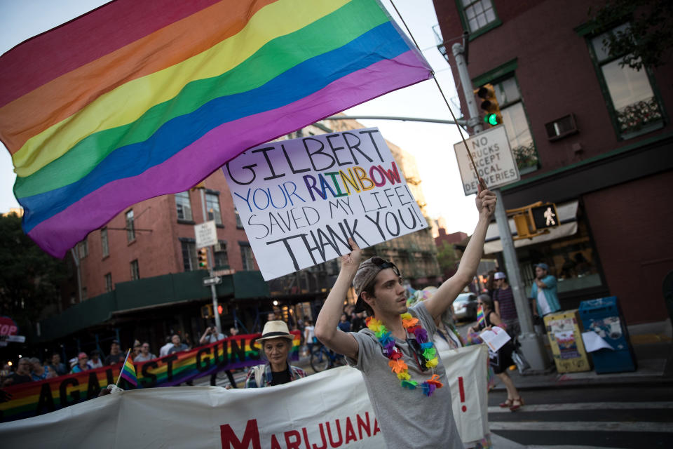 NEW YORK, NY - JUNE 14: Participants march during a Flag Day 'Raise the Rainbow' rally, June 14, 2017 in New York City. The event honored LGBT rainbow flag creator Gilbert Baker, who died in March 2017. (Photo by Drew Angerer/Getty Images)