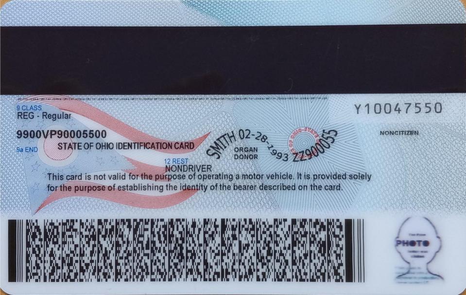 An example of the new state ID cards that the Ohio Bureau of Motor Vehicles began issuing on April 7. For those who lack citizenship, the new cards display the designation "noncitizen" on the back of the card.