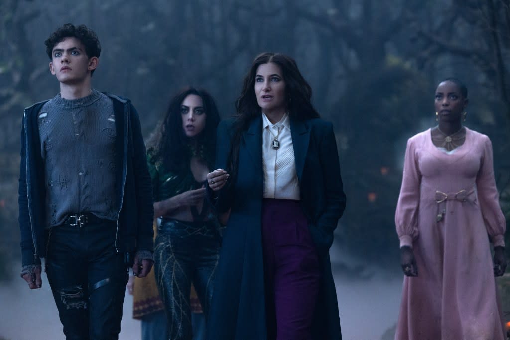 (L-R): Teen (Joe Locke), Rio Vidal (Aubrey Plaza), Agatha Harkness (Kathryn Hahn) and Jennifer Kale (Sasheer Zamata) in Marvel Television's AGATHA ALL ALONG, exclusively on Disney+. Photo by Chuck Zlotnick. ? 2024 MARVEL.