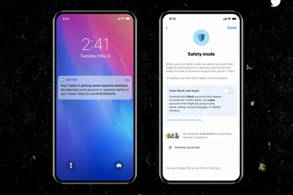 Two screenshots of Twitter's "Safety Mode" shown on two smartphones