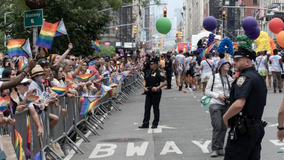 PHOTO: In this June 25, 2023, file photo, a large crowd watches the NYC Pride March 2023 on 5th Avenue, near 24th Street, in the Flatiron district of New York. (UIG via Getty Images, FILE)