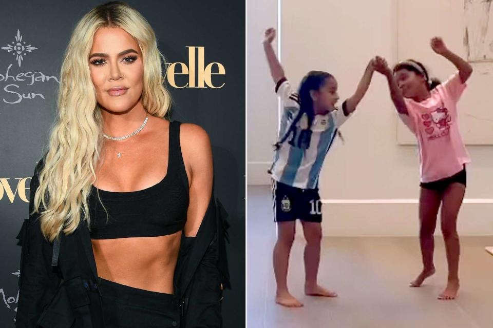 <p>Dave Kotinsky/Getty Images; Khloe Kardashian/Instagram</p> Khloé Kardashian (L); Dream Kardashian and True Thompson dancing
