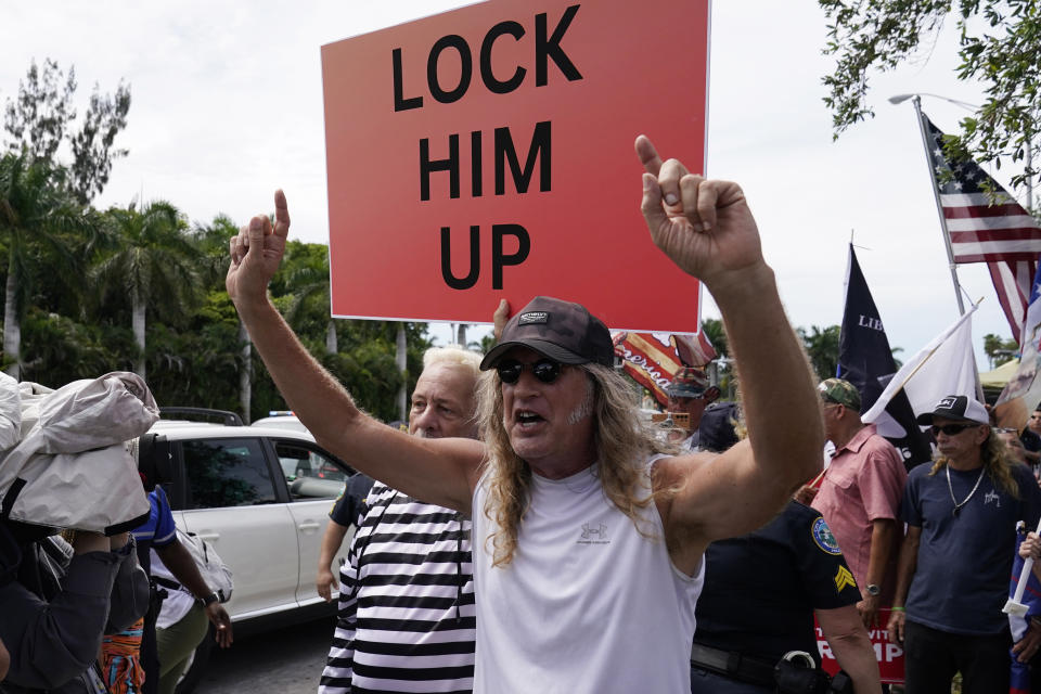 Demonstrators rally outside the Trump National Doral resort, Monday, June 12, 2023 in Doral, Fla. (AP Photo/Alex Brandon)