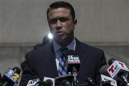 U.S. Representative Michael Grimm (R-NY) speaks at a news conference outside the Brooklyn Federal Courthouse in the Brooklyn Borough of New York April 28, 2014. REUTERS/Brendan McDermid