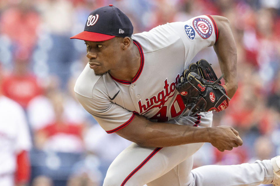 Washington Nationals starting pitcher Josiah Gray throws during the first inning of a baseball game against the Philadelphia Phillies, Friday, June 30, 2023, in Philadelphia. (AP Photo/Laurence Kesterson)