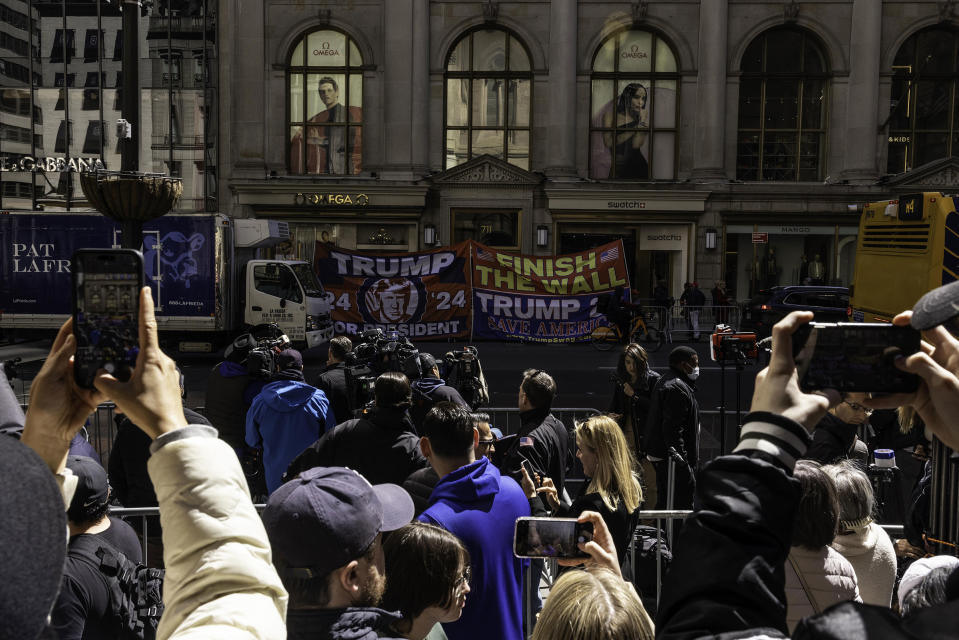 Supporters of former President Donald Trump outside of Trump Tower in New York, on April 3, 2023.<span class="copyright">Alex Kent—Bloomberg/Getty Images</span>