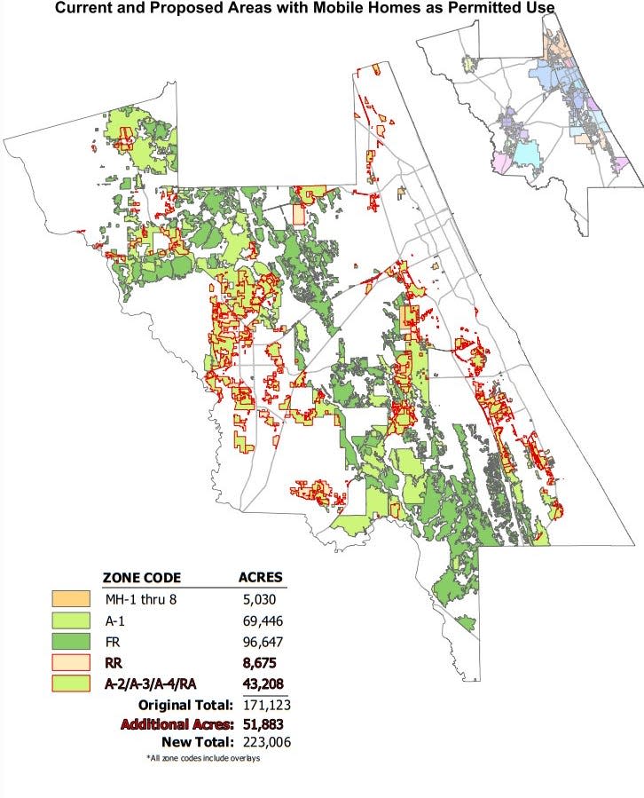 A map from Volusia County government shows current and proposed areas where mobile homes are allowed by right. The proposed areas are lined in red.