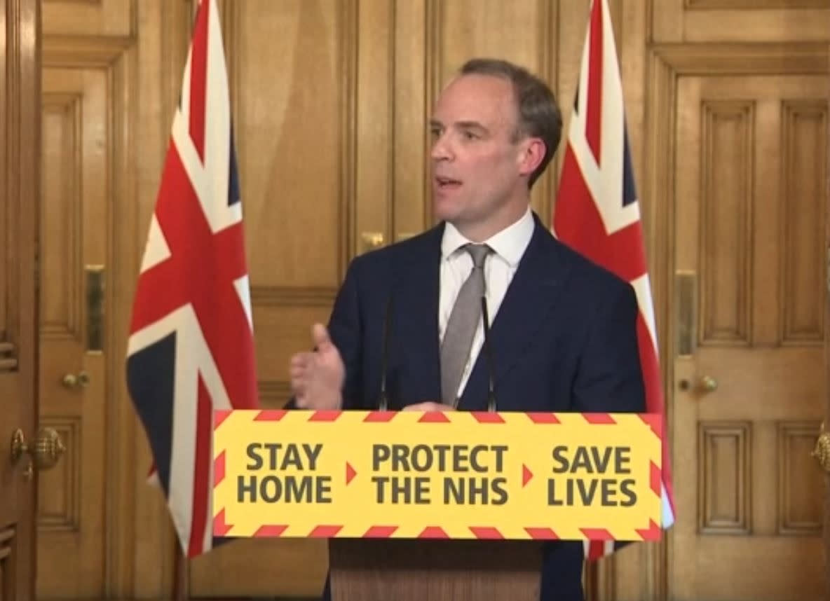 Screen grab of Foreign Secretary Dominic Raab during a media briefing in Downing Street, London, on coronavirus (COVID-19). (Photo by PA Video/PA Images via Getty Images)