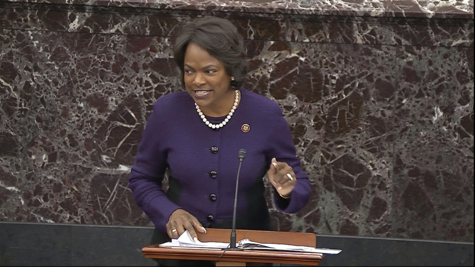 In this image from video, House impeachment manager Rep. Val Demings, D-Fla., speaks during closing arguments in the impeachment trial against President Donald Trump in the Senate at the U.S. Capitol in Washington, Monday, Feb. 3, 2020. (Senate Television via AP)