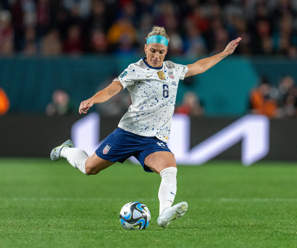 AUCKLAND, NEW ZEALAND - AUGUST 1: Julie Ertz #8 of the United States crosses the ball during a FIFA World Cup Group Stage game between Portugal and USA at Eden Park on August 1, 2023 in Auckland, New Zealand. (Photo by Brad Smith/USSF/Getty Images for USSF).