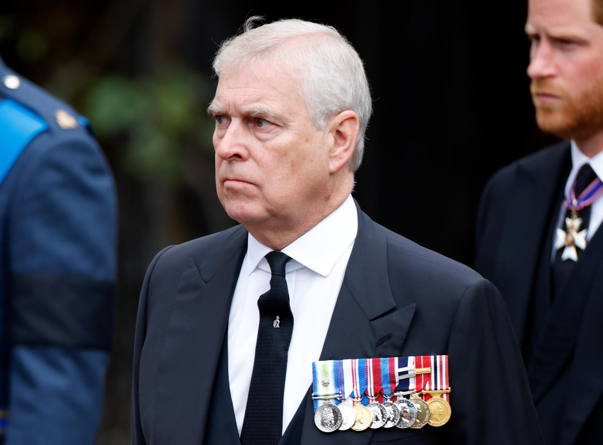 WINDSOR, UNITED KINGDOM - SEPTEMBER 19: (EMBARGOED FOR PUBLICATION IN UK NEWSPAPERS UNTIL 24 HOURS AFTER CREATE DATE AND TIME) Prince Andrew, Duke of York attends the Committal Service for Queen Elizabeth II at St George's Chapel, Windsor Castle on September 19, 2022 in Windsor, England. The committal service at St George's Chapel, Windsor Castle, took place following the state funeral at Westminster Abbey. A private burial in The King George VI Memorial Chapel followed. Queen Elizabeth II died at Balmoral Castle in Scotland on September 8, 2022, and is succeeded by her eldest son, King Charles III. (Photo by Max Mumby/Indigo/Getty Images)